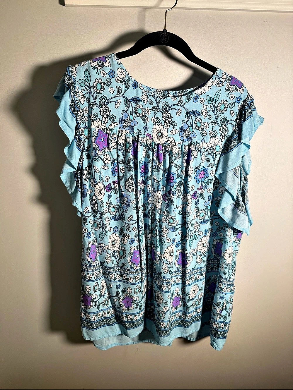CHIC SOUL Blue Ruffle Sleeve Print Top Floral Ruffle Sleeve Top Blue 1 XL
